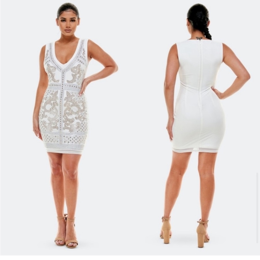 bebe White Gold Embellished Mini Dress S Bodycon V-Neck Party Cocktail Glam